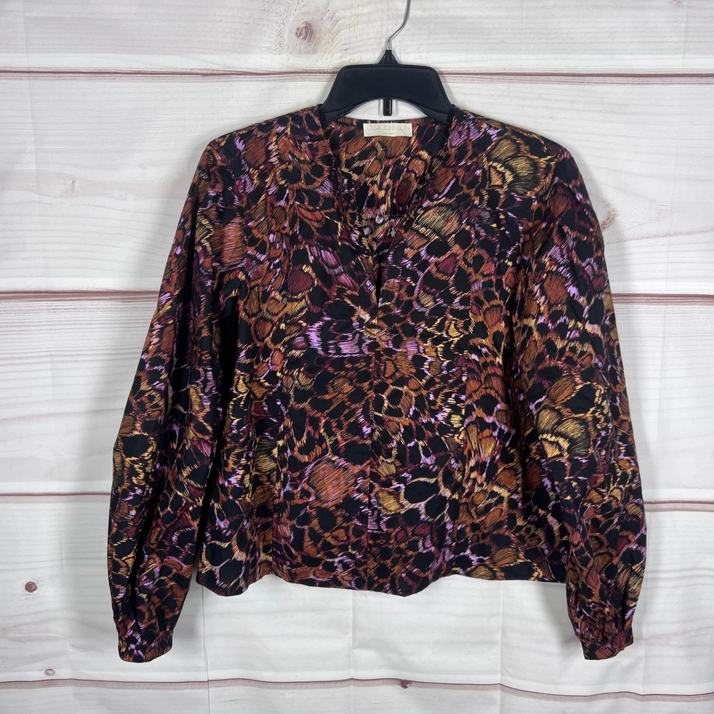 Ulla Johnson Top Womens 00 Abstract Print V-Neck Long Sleeve Cotton Blouse